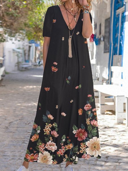 

Floral Printed Vacation Loosen Cotton Blends V Neck Short sleeve Knit Dress, Flower, Maxi Dresses