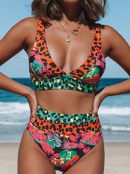 Sexy Deep V High Waist Leopard Print Patchwork Bikini Swimsuit Plus Size, Swimwear