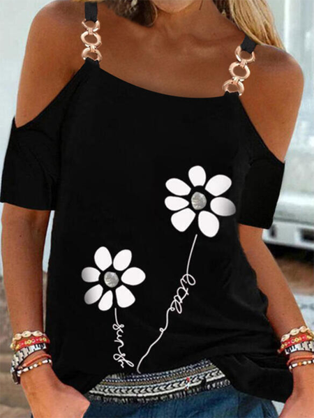 

Floral Short sleeve Casual Short Sleeve T-shirt, Black, T-Shirts