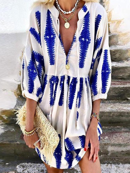 

Geometric Cotton Blends V Neck Short Sleeve Woven Dress, White, Mini Dresses