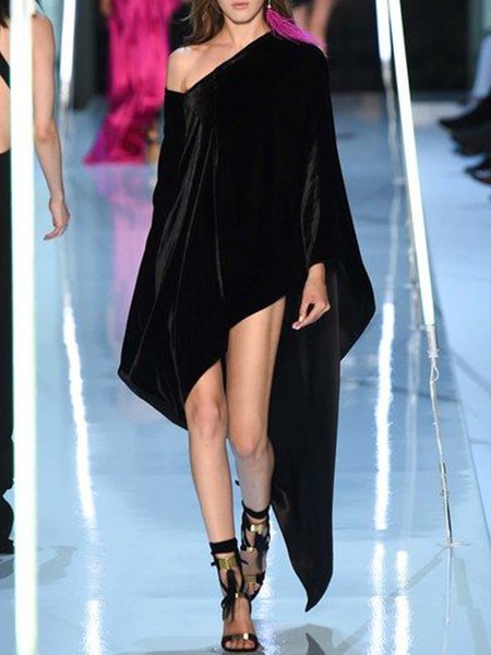 

Loosen Off The Shoulder Solid Asymmetrical Dress, Black, Midi Dresses