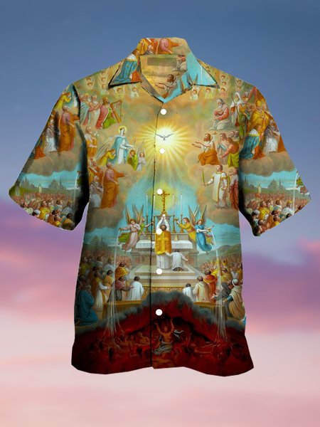 

Mens Easter Jesus Print Casual Breathable Short Sleeve Hawaiian Shirts, Yellow, Men's Floral shirt