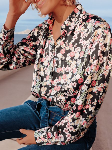 

Floral Shirt Collar Vacation loosen long sleeve Long Sleeve Blouse, Black, Shirts & Blouses