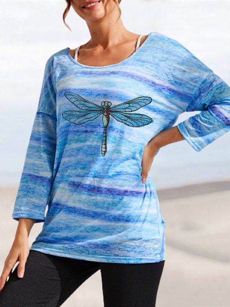 

Dragonfly Blue Gradient Dream Holiday T-Shirt Scoop Neckline Loosen Long Sleeve T-shirt, Long sleeve tops