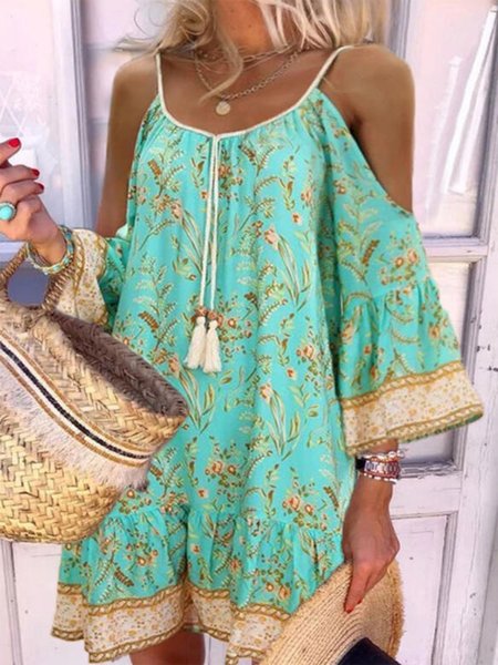 

Boho Tribal Crew Neck Plus Size Casual Long sleeve Woven Dress, Green, Mini Dresses