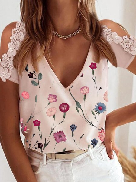 

Hollow Out Guipure Casual Short sleeve tops, Pink, T-Shirts
