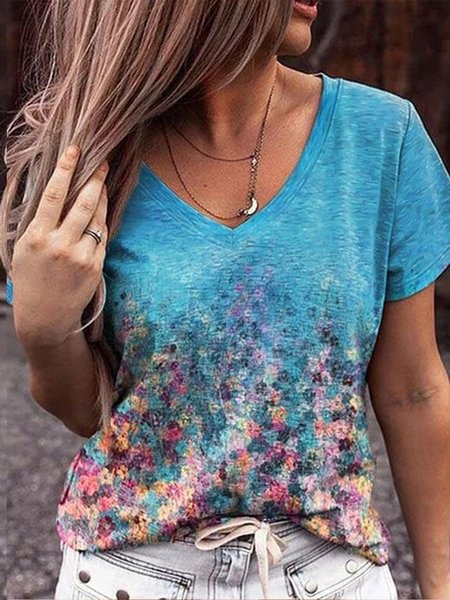 

Floral V Neck Casual Short Sleeve Loosen Shirts & Tops, Blue, T-Shirts