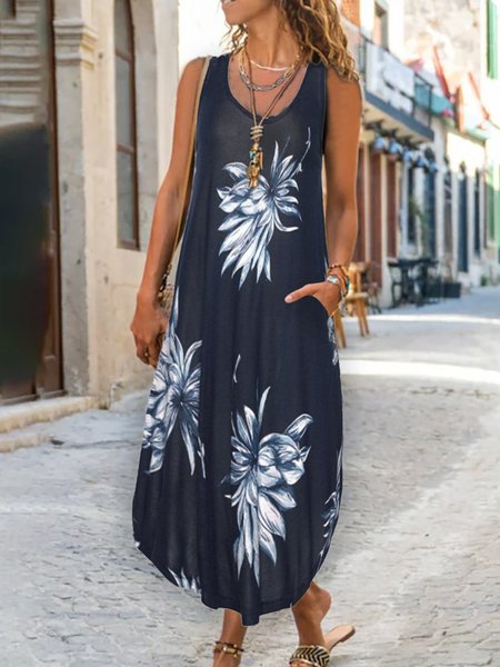 

Vacation Floral Printed Crew Neck Loosen Long Short sleeve Knit Dress, Flower, Maxi Dresses