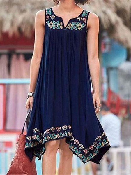 

Tribal Boho Loosen Sleeveless A-line Dress, Deep blue, Mini Dresses