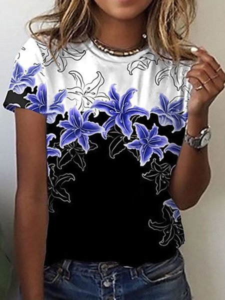 

Floral Casual Short Sleeve Loosen Shirts & Tops, As picture, T-Shirts