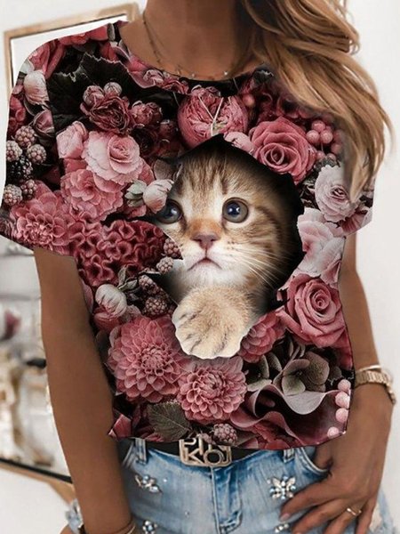 

Loosen Casual Floral Animal Cat Printed Short Sleeve T-Shirt, Flower, T-Shirts