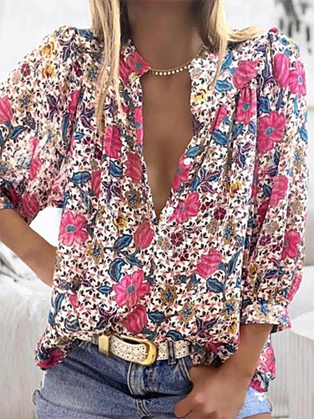 

Floral V Neck Boho Three Quarter Shirts & Tops, Pink, Tops