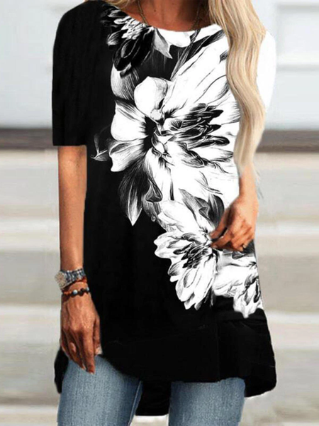 

Black White Floral Print Round Neck Casual Md-long T-Shirts & Tops, T-Shirts