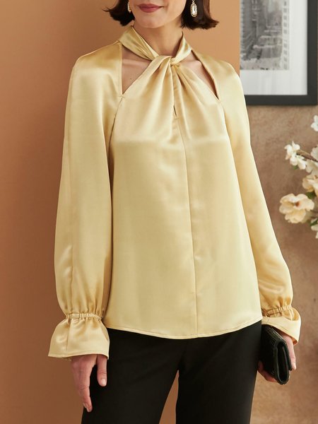 

Halter Solid Long sleeve Daily Shirt & Top, Yellow, Tops