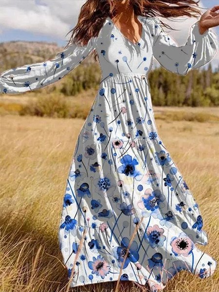 

Vacation Floral V Neck Long sleeve Knit Dress, White, Maxi Dresses