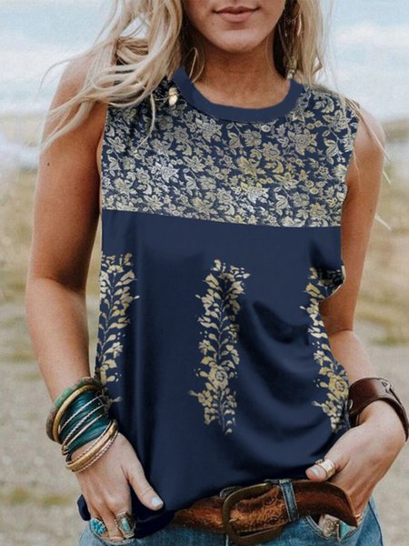 

Casual Crew Neck Floral Knit Tank, Blue, Tank Top