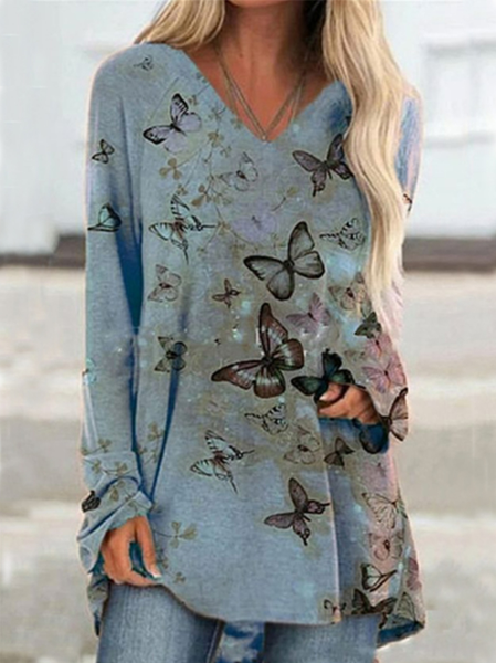 

Casual Butterfly Raglan Sleeve Long Sleeve T-shirt, Blue, Long sleeve tops