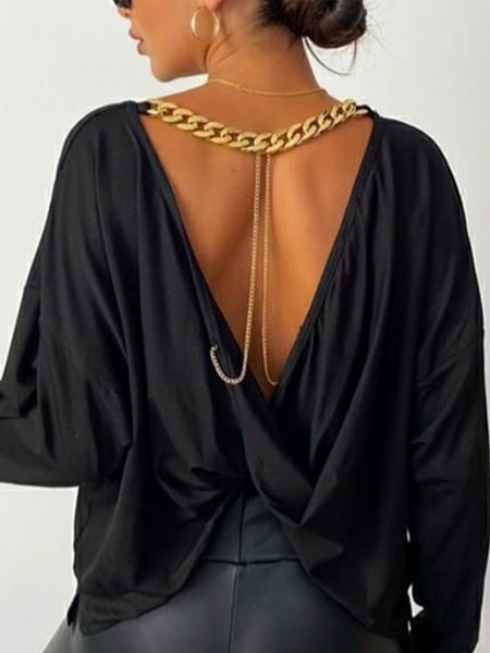 

Loosen Simple Crew Neck Long Sleeve Top, Black, Tops