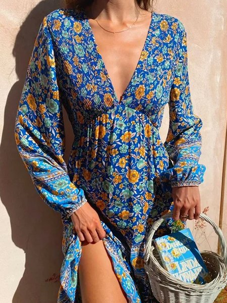 

V Neck Casual Loosen Dresses, Blue, Mini Dresses