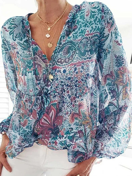 

Floral Boho V neck Long sleeve Long sleeve tops, Blue, Tops