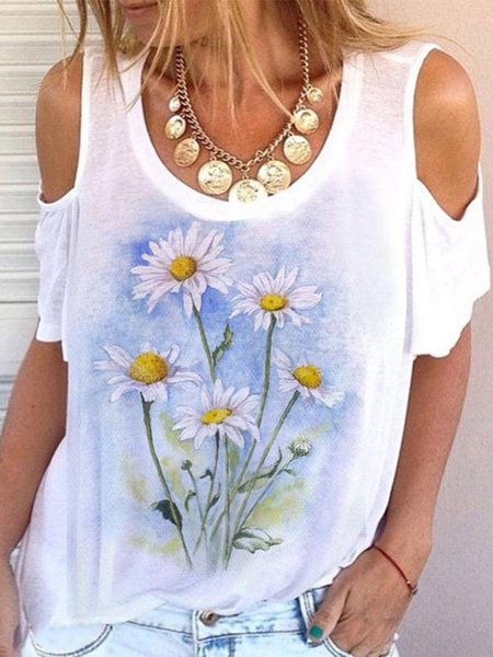 

Casual Floral Crew Neck Short Sleeve Tops, White, T-Shirts