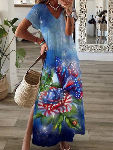 

Floral Butterfly Flag Printed Vacation Loosen Cotton Blends Short sleeve Knit Dress, Flower, Maxi Dresses