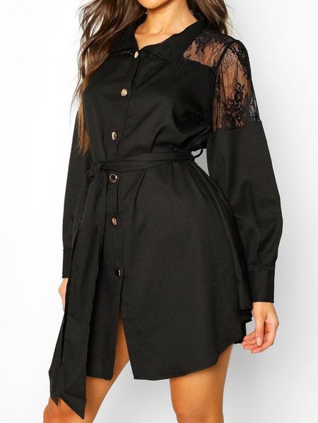 

Elegant Solid Black Lace Shirt Dress, Mini Dresses