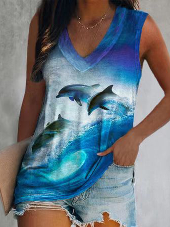 

Sea V Neck Cotton Blends Vests, Blue, Tanks & Camis