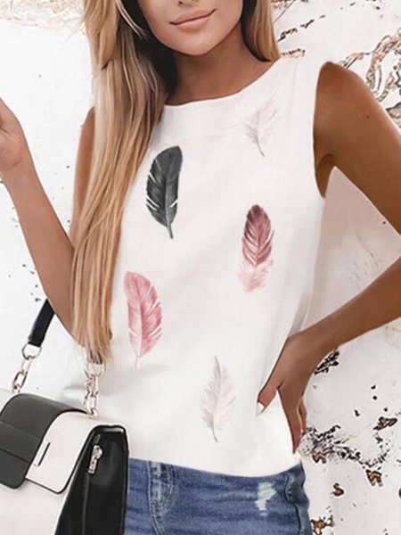 

Casual Round Neck Leaves Vests, White, Tank Top