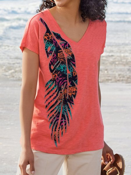 

Leaves Print Casual Holiday Raglan Sleeve V neck T-Shirts, Red, Tunics