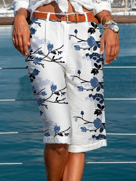 

Casual Floral Print Mid Waist Straight Leg Shorts, White, Shorts