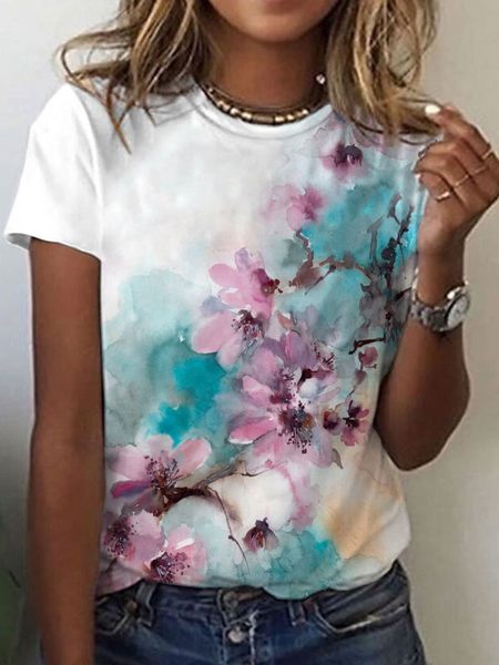 

Short sleeve Casual Crew Neck Floral Shirts & Tops, White, T-Shirts