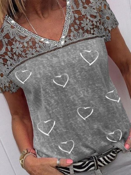 

Casual Heart Short Sleeve V Neck Plus Size Printed Tops T-shirts, Gray, T-Shirts