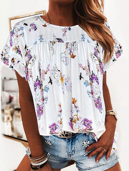 

vacation Floral loosen Crew Neck short sleeve women Shirt & Top, White, T-Shirts