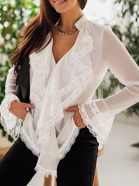 

Lady Long Sleeve Loosen Solid Top, White, Tops