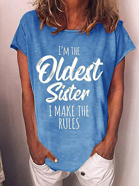 

Casual Letter Cotton Blends Short Sleeve T-shirt, Blue, T-Shirts