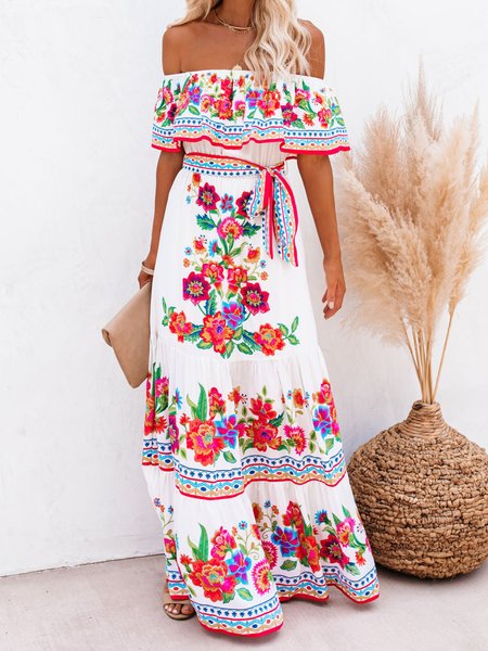 Casual Floral Boat Neck Plus Size Printed Dress, White, Maxi Dresses