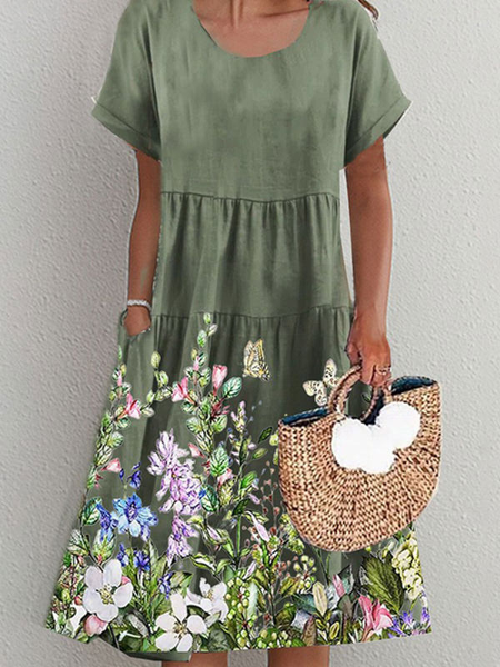 

Crew Neck Floral Short Sleeve Woven Knee Dress, Green, Midi Dresses