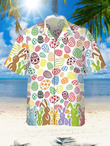 

Casual Festive Collection Easter Bunny And Easter Egg Elements Pattern Lapel Short Sleeve Print Shirt Top, As picture, Men's Floral shirt