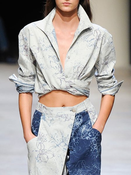 

Shirt Collar Loosen Long Sleeve Fashion Top, Blue, Blouses and Shirts