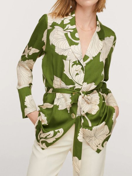 

Flat Collar Regular Fit Floral Vacation Belted Blazer, As picture, Kimonos