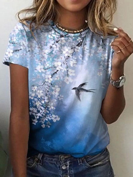 

Round Neck Regular Fit Floral Vacation Shirts & Tops, Blue, T-Shirts
