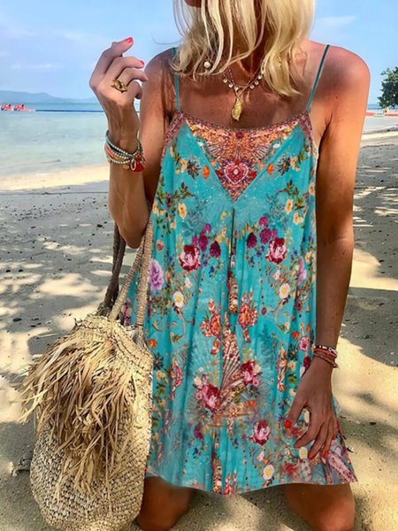 

Casual Sleeveless Spaghetti Plus Size Printed Dress, Multicolor, Mini Dresses