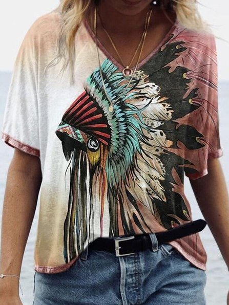 

V Neck Loosen Casual loosen Tribal short sleeve Shirts & Tops, Multicolor, T-Shirts