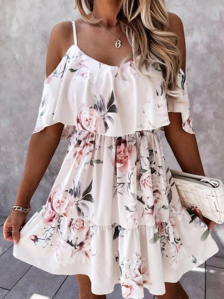 

Spaghetti Casual Floral Short sleeve Woven Dress, White, Mini Dresses