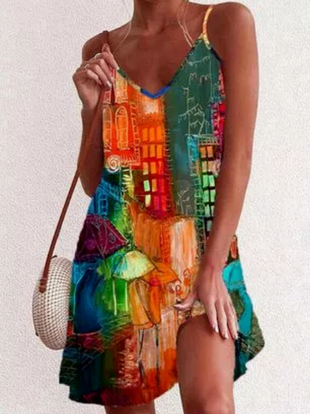 

Vacation Color Block V Neck Short sleeve women Dress, Multicolor, Dresses