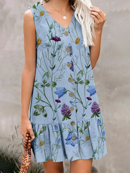 

Casual Blue Floral Printed Buttoned V-neck Sleeveless Mini Short sleeve women Dress, Dresses
