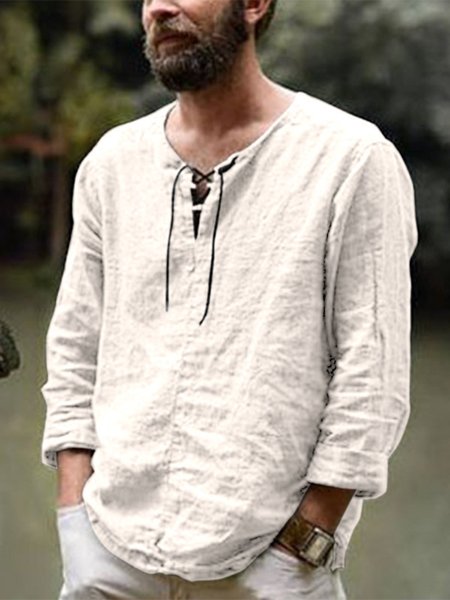 Cotton Linen Casual Long Sleeve Shirt Men, Beige, Shirt