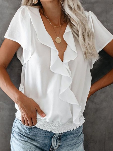 

Basic lotus leaf collar explosion spring new designer women's short-sleeved top, White, T-Shirts