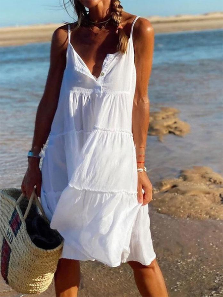 

Plain Spaghetti Loosen Casual Short sleeve Woven Dress, White, Mini Dresses